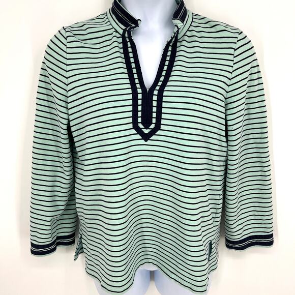 Talbots Green with Black Stripes V Notch Tunic Size L - Picture 1 of 9